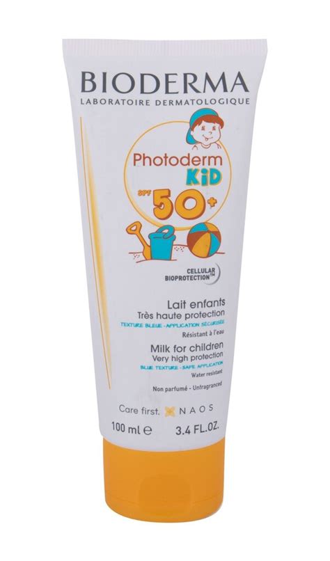 Bioderma Photoderm Kid apsauginis pienelis su SPF 50+ ir ženklais, rodančiais atsparumą vandeniui
