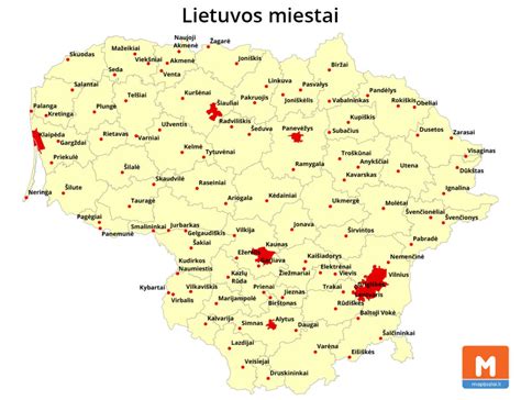 Žemėlapis su Lietuvos miestais, nurodančiais siuntimo galimybes