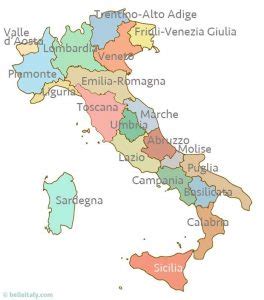 Italijos žemėlapis su pagrindiniais kultūriniais regionais