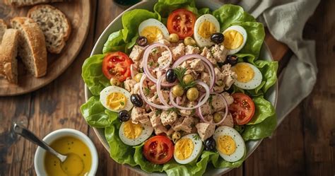 Tuno salotų ingredientai: tunas, kiaušiniai, alyvuogės, salotos
