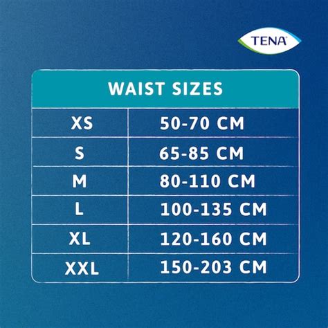 TENA Pants dydžių lentelė pagal kūno apimtį