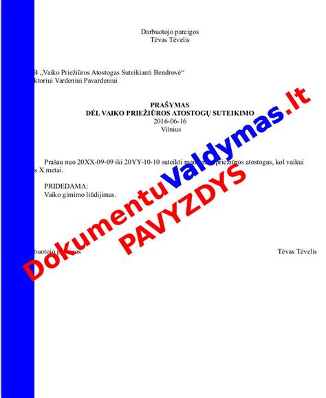 Vaiko priežiūros atostogų mėnesių pasiskirstymo pavyzdys