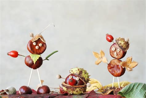 vaikų darbeliai iš rudens lapų ir kaštonų