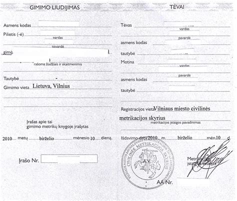 Teisinių dokumentų pavyzdžiai ir gimimo liudijimas