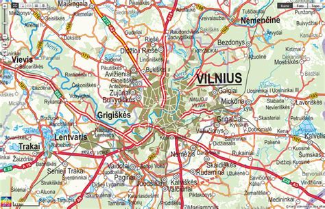 Vilniaus miesto žemėlapis su pagrindiniais rajonais ir atstumų žymomis