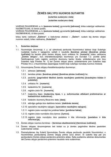 Savivaldybės materialiojo turto nuomos sutarties pavyzdinė forma