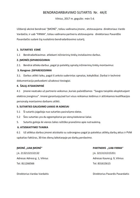 Šablono pavyzdys sutarties tarp tėvų ir darželio