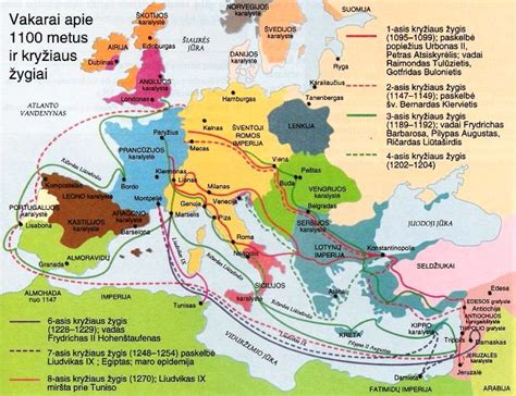 Viduramžių Europos žemėlapis su Kryžiaus žygių maršrutais