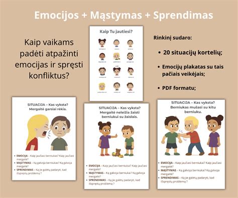 Emocijų kortelės ir jausmų valdymo plakatas