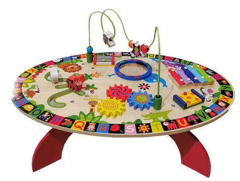 medinis lavinamasis stalas su įvairiais žaislais