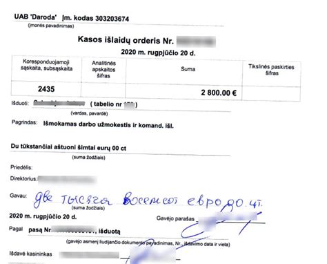 Pavyzdys užpildyto kasos išlaidų orderio