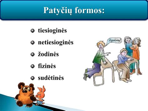 patyčių tipų schema: žodinės, fizinės, netiesioginės ir elektroninės patyčios