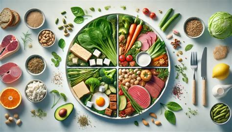 lėkštė su įvairiais maisto produktais: mėsa, daržovės, grūdai