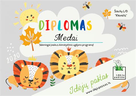 Vaikiškas diplomas su piešinėliais ir mokyklos simboliais