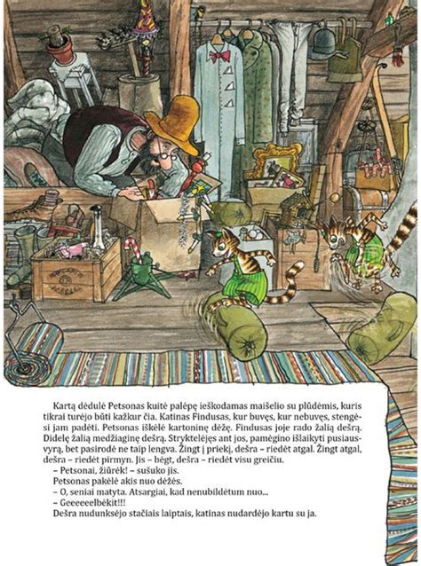 Sveno Nordkvisto iliustracija, kurioje katinas Findusas ir dėdulė Petsonas triūsia darže