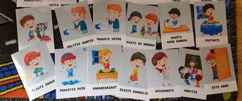 Dienotvarkės kortelės pavyzdys su kasdienės veiklos paveikslėliais