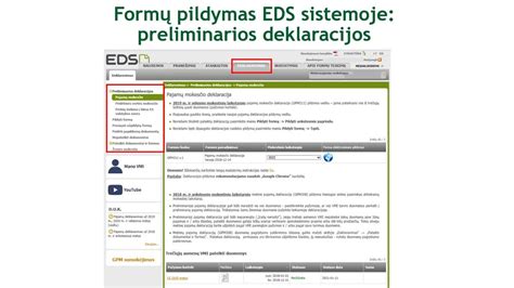 VMI Elektroninio deklaravimo sistemos (EDS) pagrindinis langas