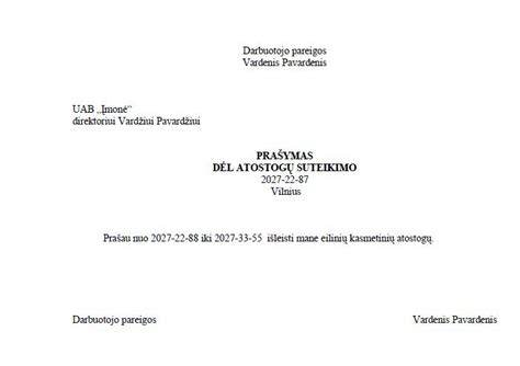 Forma vaiko priežiūros atostogų prašymo