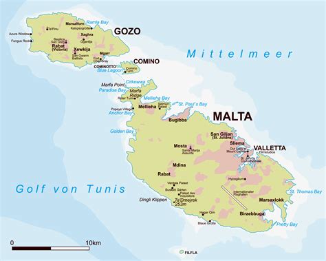 Maltos salyno žemėlapis su pagrindinėmis salomis Malta, Gozo, Comino