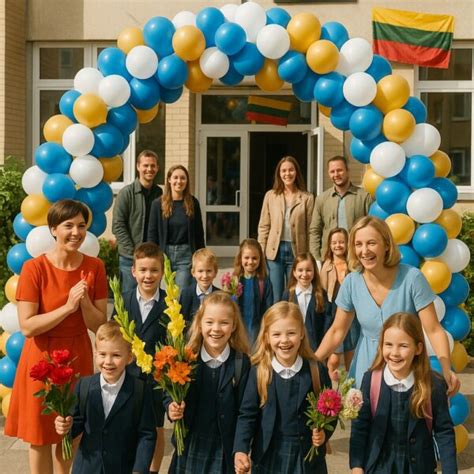 vaikai su gėlėmis Rugsėjo 1-osios šventėje