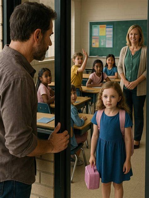 Vaikas su tėvais prie mokyklos durų