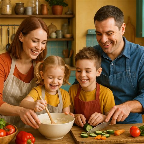 Tėvai su vaiku gamina maistą virtuvėje