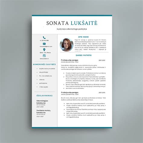 CV šablonas su specialistės nuotrauka ir įgūdžiais