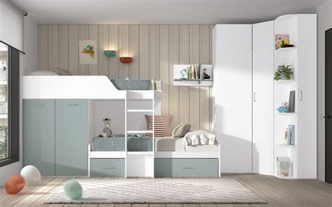 Dviaukštė lova su integruotu stalu, spinta ir stalčiais