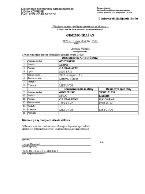 Nuotrauka: Gimimo liudijimo išrašas