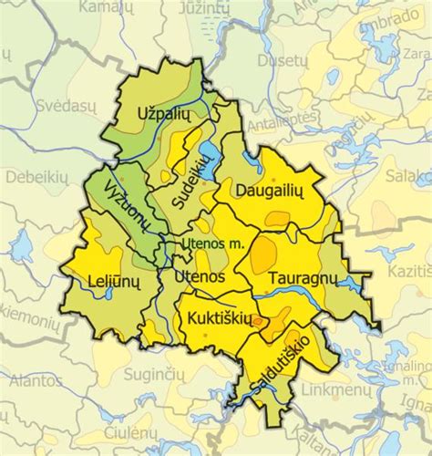 Utenos rajono žemėlapis su nurodytomis nelaimių vietomis
