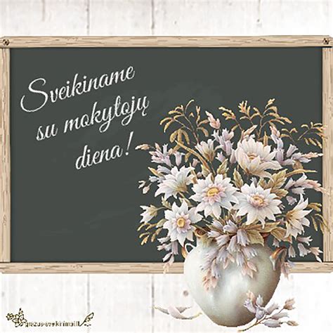 Simbolinis paveikslas su mokytojo atvaizdu ir sveikinimo žodžiais