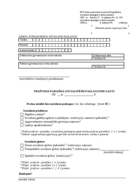 Prašymo-paraiškos forma socialinėms paslaugoms gauti