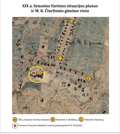 XIX a. Senosios Varėnos planas su pažymėta Čiurlionio gimimo vieta