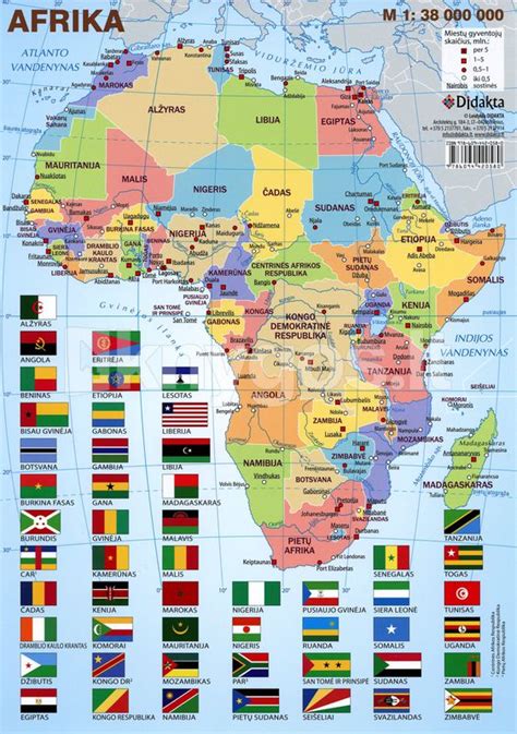 Afrikos žemėlapis su svarbiausiais geografiniais objektais ir miestais