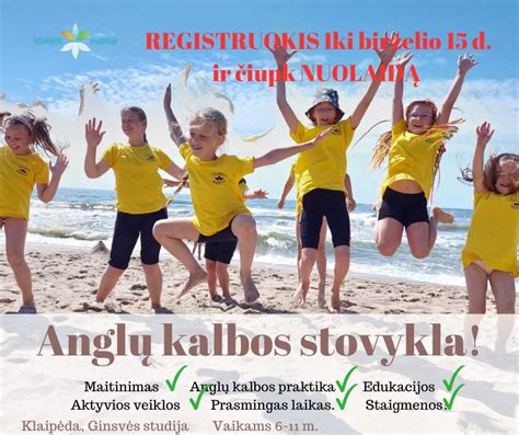 vaikai stovyklos metu besimokantys anglų kalbos gamtoje