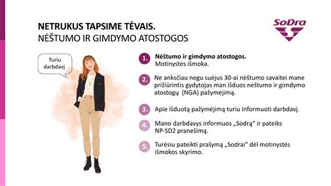 infografikas su nėštumo ir gimdymo atostogų terminu ir išmokos skaičiavimo žingsniais