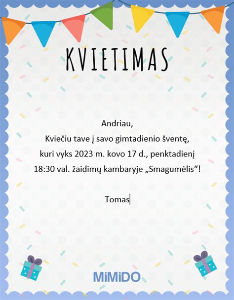 Gimtadienio kvietimų pavyzdys vaikams
