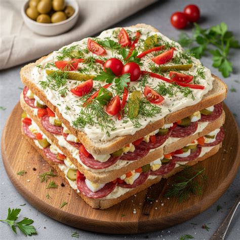 Vaikų sumuštinių tortas, papuoštas daržovėmis