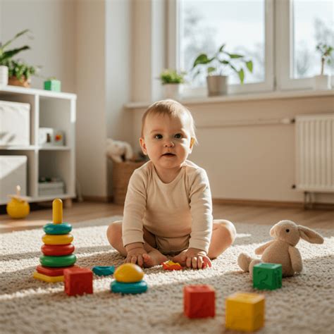 kūdikis žaidžia su spalvingais lavinamaisiais žaislais ant kilimėlio