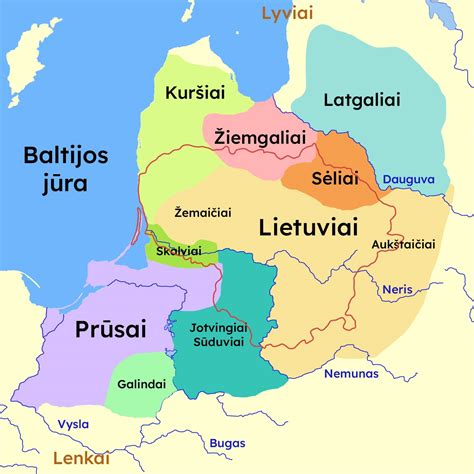 Lietuvos ir Prūsijos žemėlapio kontūras, žymintis baltų žemes