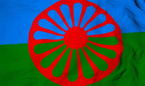 vaikas su romų bendruomenės vėliava