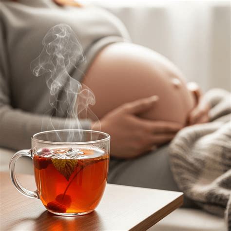 Nėščios moters rankose laikoma puodelis su aviečių lapų arbata