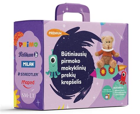 Mokinių valgymo krepšelis ir mokyklinių reikmenų pavyzdys