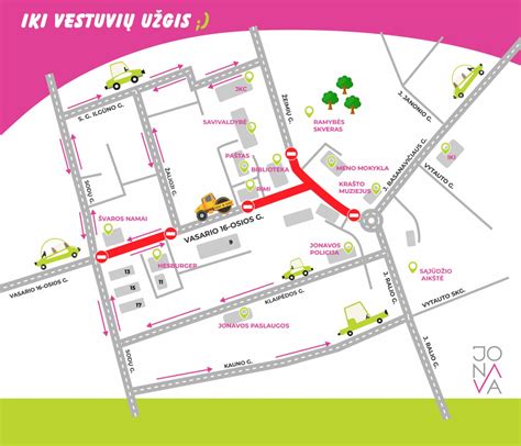 Žemėlapis, rodantis Jonavos miestą ir Vasario 16-osios gatvę