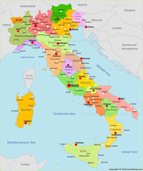 Italijos žemėlapis su pažymėtais didmiesčiais