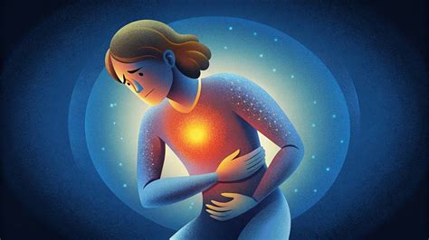 Moters, jaučiančios pilvo skausmą, iliustracija