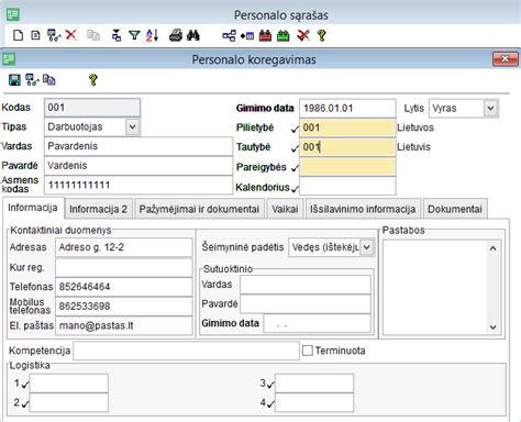 Asmeninių duomenų įvedimo forma registracijai